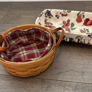 Set of 2 Longaberger Baskets, leather handles, fabric liners